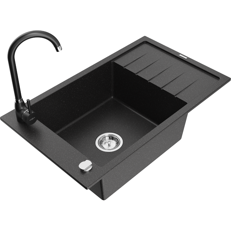 Mexen Elias Granitspüle 1-Becken mit Abtropffläche und Küchenarmatur Telma, schwarz/silber - 6511-73-670200-70