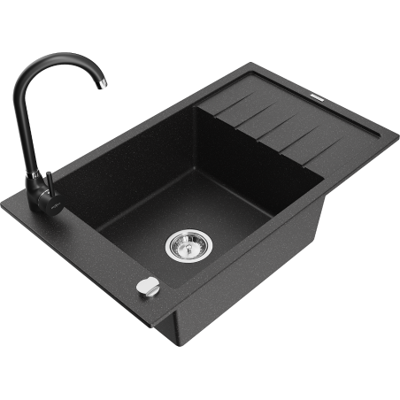 Mexen Elias 1-chamber granite sink with drainer and Telma kitchen faucet, black/silver - 6511-73-670200-70
