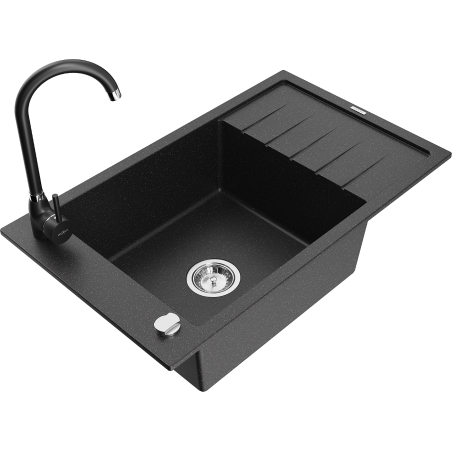 Mexen Elias Granitspüle 1-Becken mit Abtropffläche und Küchenarmatur Telma, schwarz/silber - 6511-73-670200-70