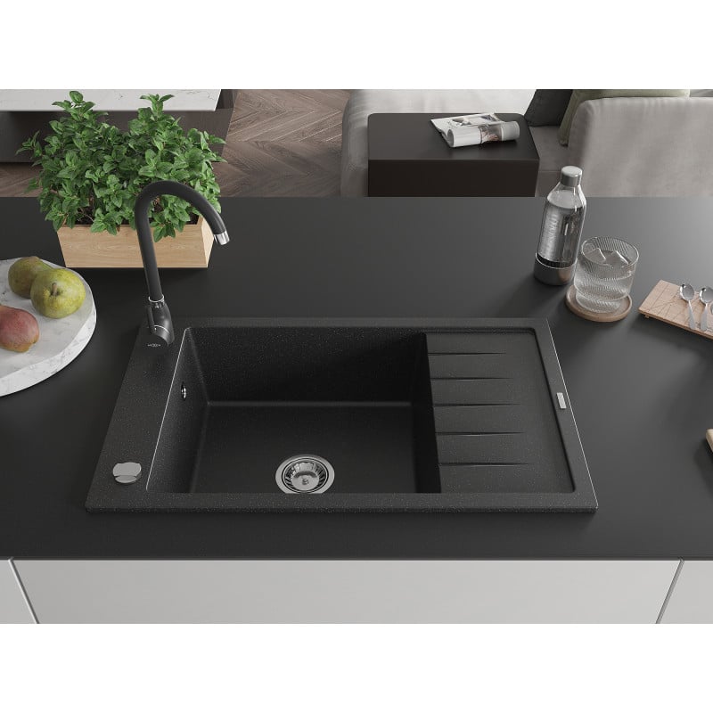 Mexen Elias granitspüle einbecken mit abtropffläche und küchenarmatur Telma, schwarz/silber - 6511-73-670200-70