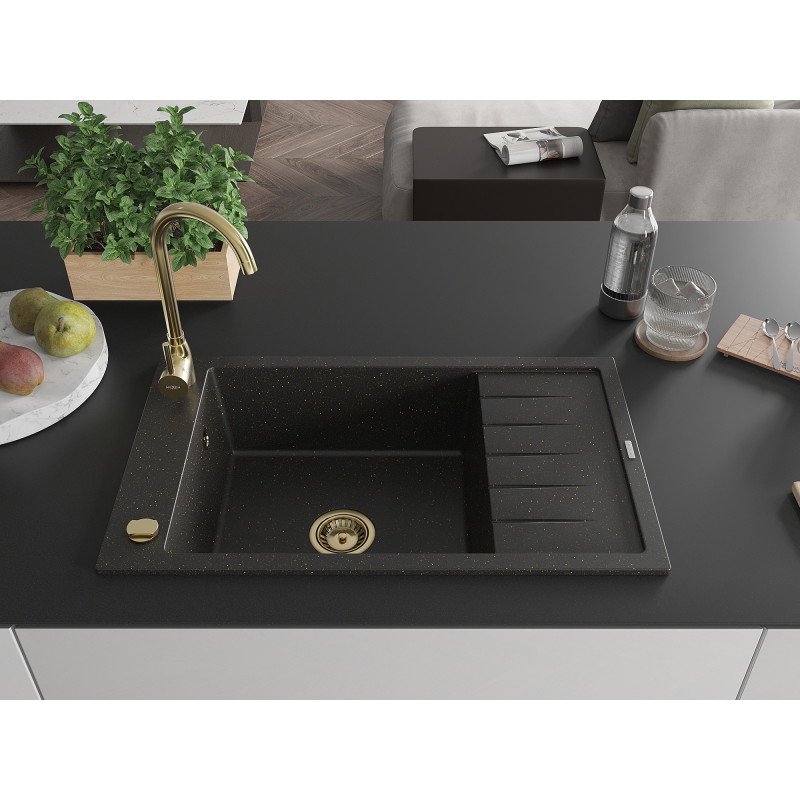 Mexen Elias granite kitchen sink, 1-bowl with drainer and Telma kitchen faucet, black/gold - 6511-75-670200-50