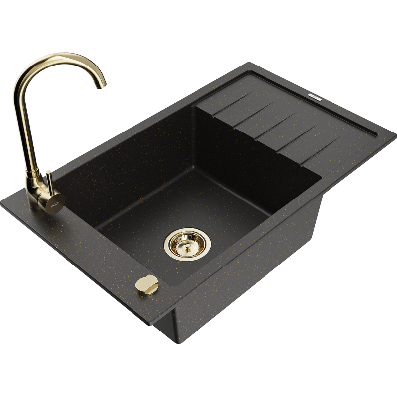 Mexen Elias fregadero de granito de 1 seno con escurridor y grifo de cocina Telma, negro/dorado - 6511-75-670200-50