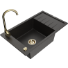 Mexen Elias granite kitchen sink, 1-bowl with drainer and Telma kitchen faucet, black/gold - 6511-75-670200-50