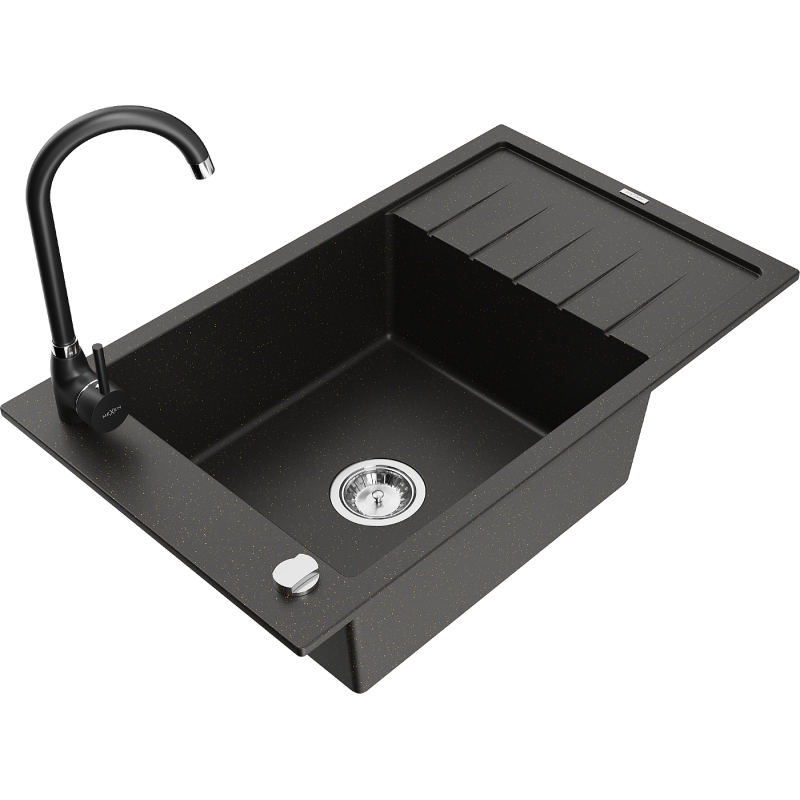 Mexen Elias fregadero de granito de 1 seno con escurridor y grifo de cocina Telma, negro/dorado - 6511-75-670200-70