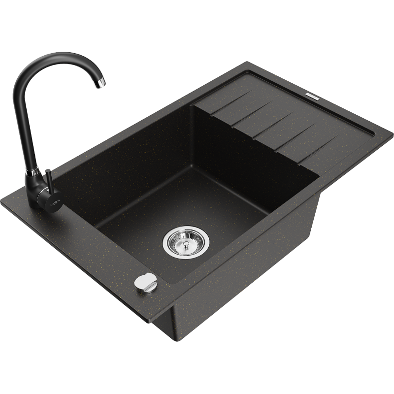 Mexen Elias lava-louça de granito de 1 bacia com escorredor e torneira de cozinha Telma, preto/dourado - 6511-75-670200-70