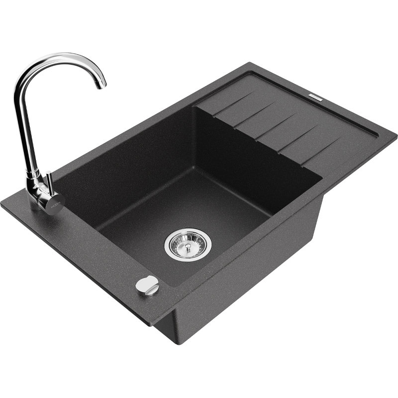 Mexen Elias granite sink 1-bowl with drainer and Telma kitchen tap, black speckled - 6511-76-670200-00
