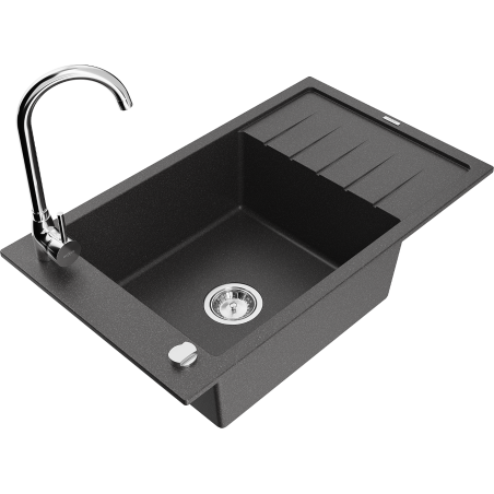 Mexen Elias granite sink 1-bowl with drainer and Telma kitchen tap, black speckled - 6511-76-670200-00