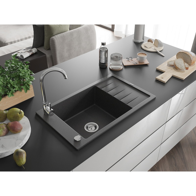 Mexen Elias granite kitchen sink 1-bowl with drainer and Telma kitchen faucet, black speckled - 6511-76-670200-00