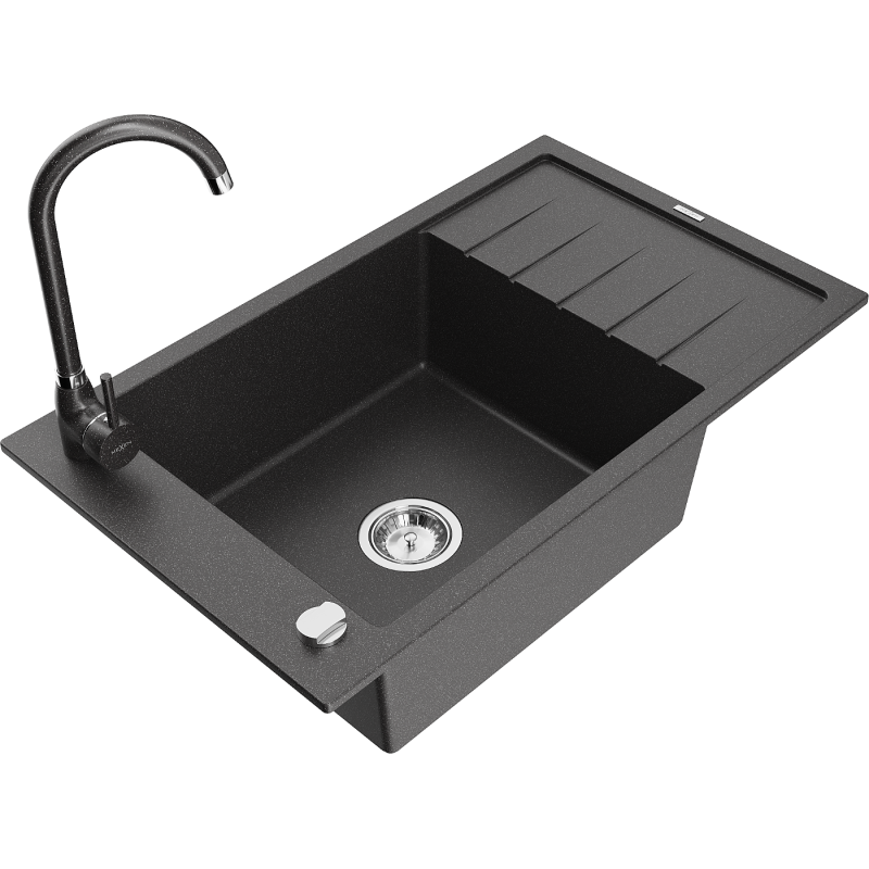 Mexen Elias évier en granit 1 bac avec égouttoir et robinet de cuisine Telma, noir moucheté - 6511-76-670200-76