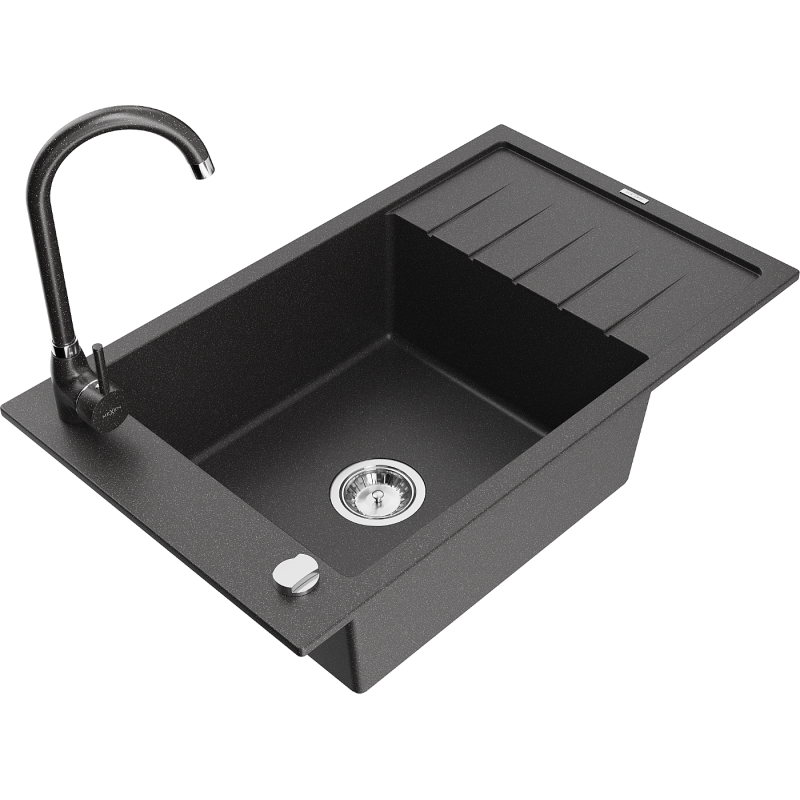Mexen Elias fregadero de granito de 1 cubeta con escurridor y grifo de cocina Telma, negro moteado - 6511-76-670200-76