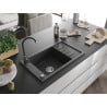 Mexen Elias 1-Kammer Granitspüle mit Abtropffläche und Küchenarmatur Telma, schwarz gesprenkelt - 6511-76-670200-76