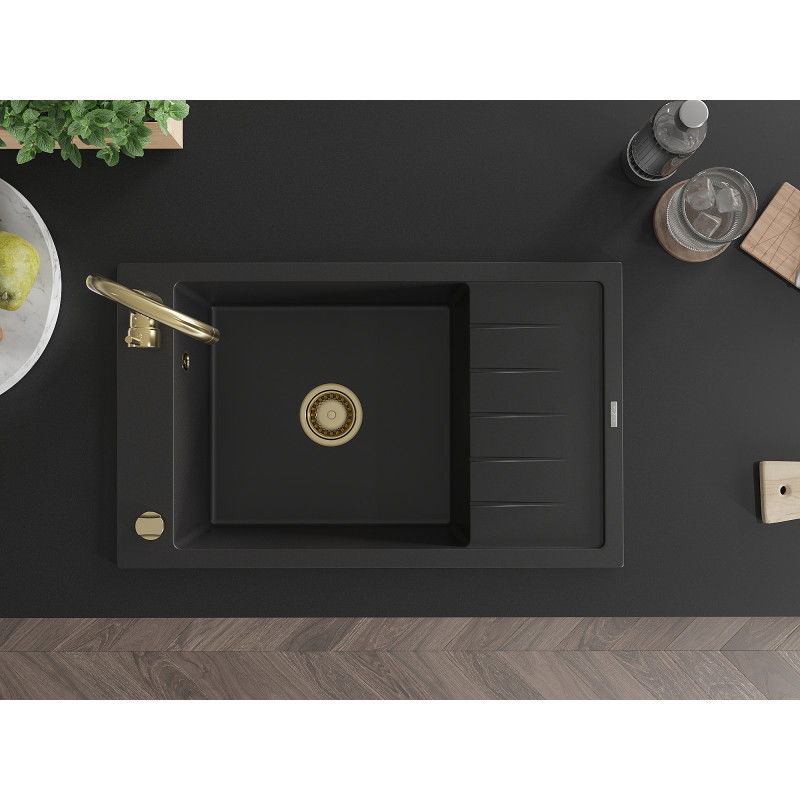 Mexen Elias granite sink 1-bowl with drainer and Telma kitchen tap, black - 6511-77-670200-50