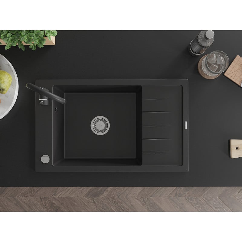 Mexen Elias 1-compartment granite sink with a drip tray and kitchen mixer tap Telma, Black - 6511-77-670200-70