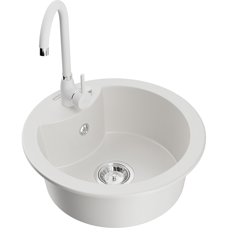 Mexen Diego 1-bowl granite sink with Telma kitchen faucet, white - 6512-20-670200-20