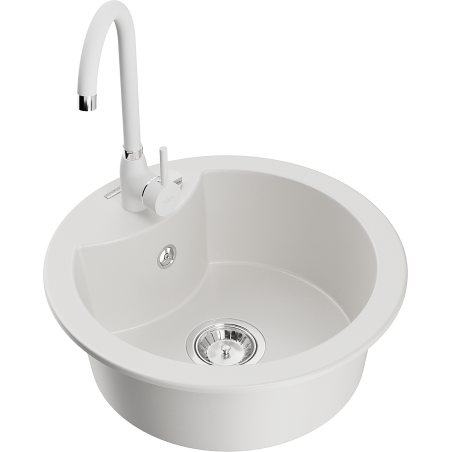 Mexen Diego granite sink 1-bowl with Telma kitchen tap, white - 6512-20-670200-20