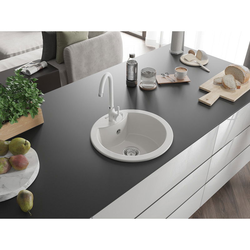 Mexen Diego granite sink 1-bowl with Telma kitchen tap, white - 6512-20-670200-20