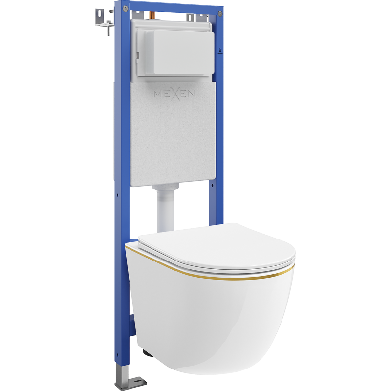 Mexen Lena wall-mounted WC set narrow frame, corner Tex W with WC bowl and soft-closing toilet seat, white/gold - 610530224005