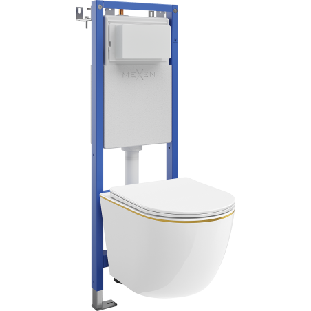 Mexen Lena wall-mounted WC set narrow frame, corner Tex W with WC bowl and soft-closing toilet seat, white/gold - 610530224005