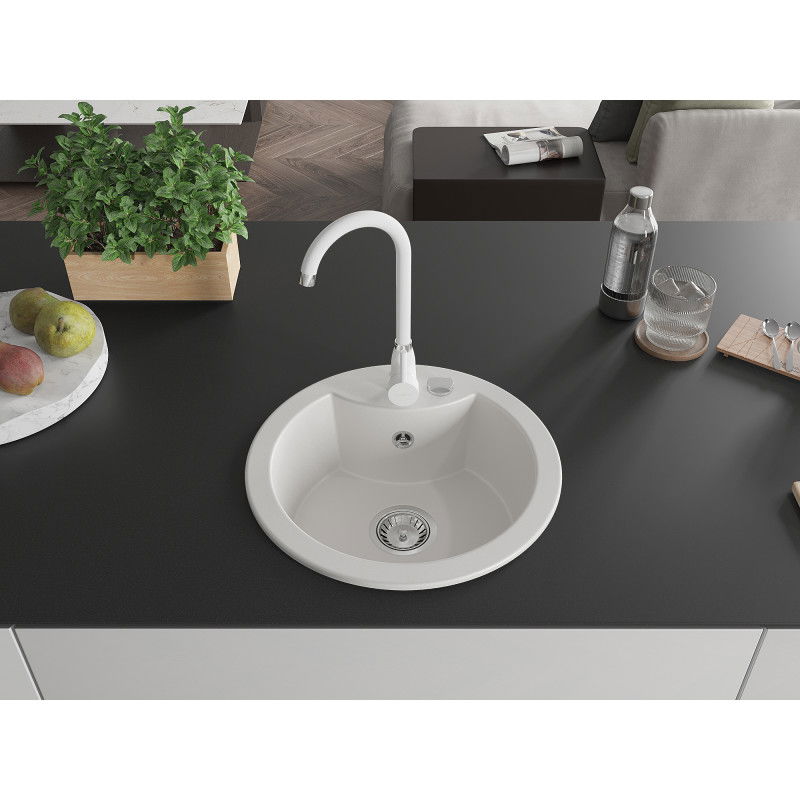 Mexen Diego granite sink 1-bowl with Telma kitchen tap, white - 6512-20-670200-20