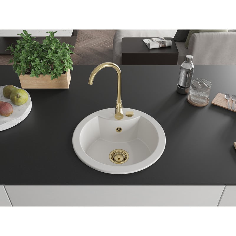 Mexen Diego single-bowl granite sink with Telma kitchen tap, white - 6512-20-670200-50