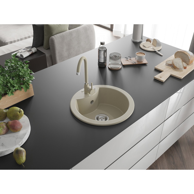 Mexen Diego fregadero de granito de 1 seno con grifo de cocina Telma, beige - 6512-69-670200-69