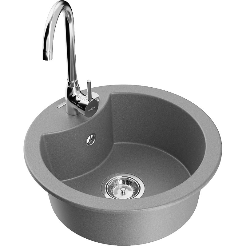 Mexen Diego 1-compartment granite sink with Telma kitchen faucet, gray - 6512-71-670200-00