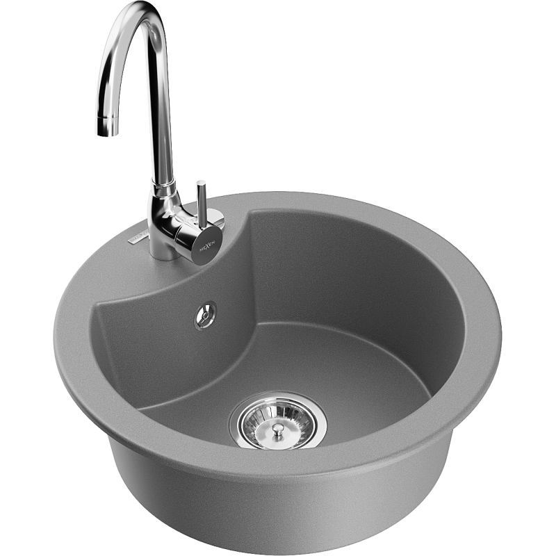 Mexen Diego lava-loiça de granito de 1 bacia com torneira de cozinha Telma, cinza - 6512-71-670200-00