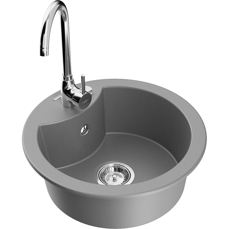 Mexen Diego single-bowl granite sink with Telma kitchen tap, grey - 6512-71-670200-00