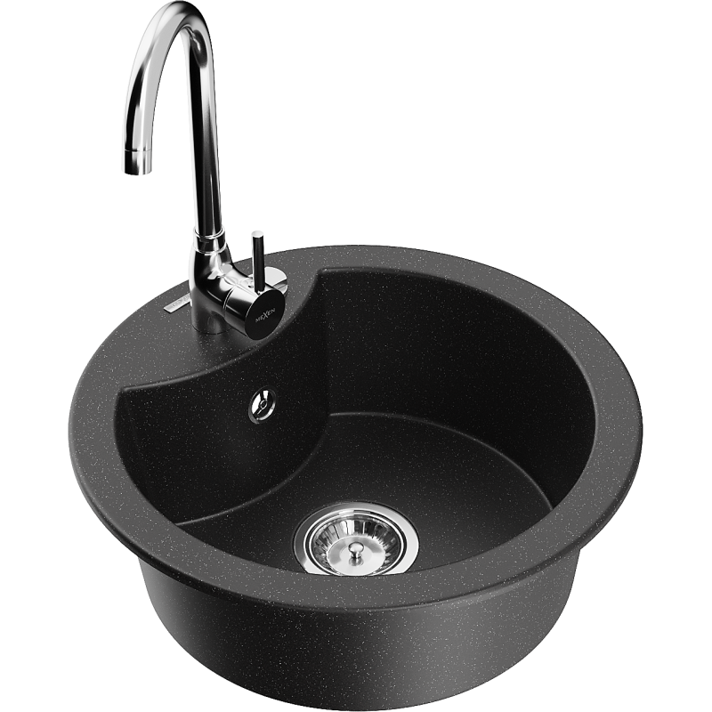 Mexen Diego granitdiskbänk med 1 fack och köksblandare Telma, svart/silver - 6512-73-670200-00