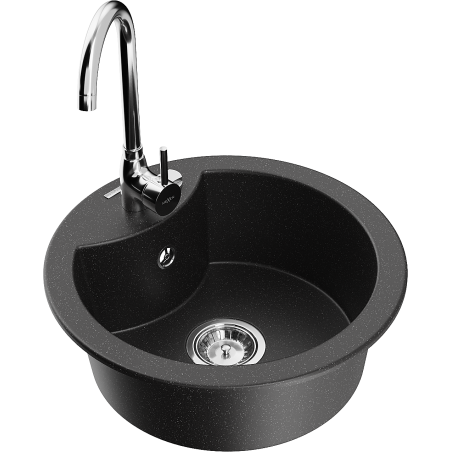 Mexen Diego 1-bowl granite sink with Telma kitchen tap, black/silver - 6512-73-670200-00