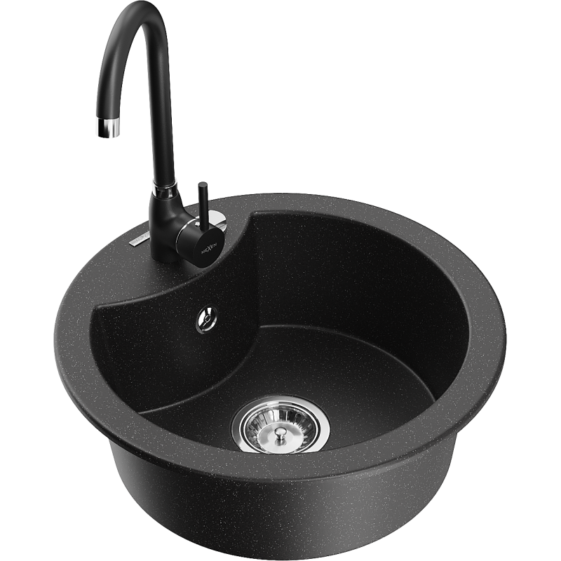 Mexen Diego 1-bowl granite sink with Telma kitchen tap, black/silver - 6512-73-670200-70