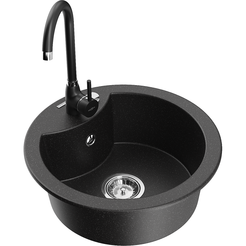 Mexen Diego fregadero de granito de 1 recipiente con grifo de cocina Telma, negro/plateado - 6512-73-670200-70