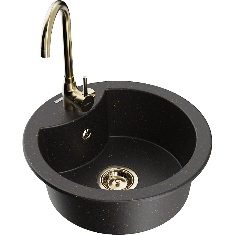 Mexen Diego single-bowl granite sink with Telma kitchen tap, black/gold - 6512-75-670200-50