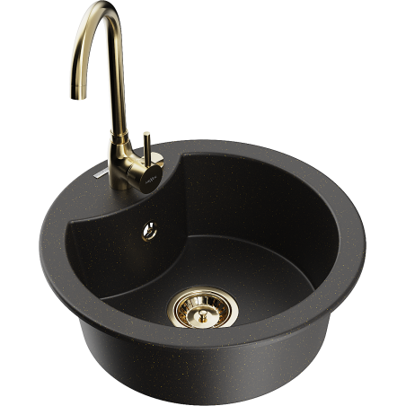 Mexen Diego fregadero de granito 1 recipiente con grifo de cocina Telma, negro/dorado - 6512-75-670200-50