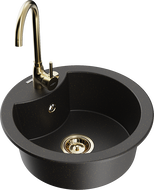 Mexen Diego fregadero de granito de 1 cubeta con grifo de cocina Telma, negro/oro - 6512-75-670200-50