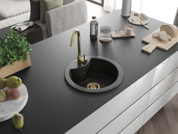 Mexen Diego fregadero de granito de 1 cubeta con grifo de cocina Telma, negro/oro - 6512-75-670200-50
