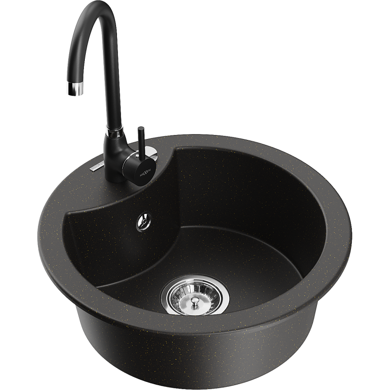 Mexen Diego fregadero de granito de 1 compartimento con grifo de cocina Telma, negro/dorado - 6512-75-670200-70