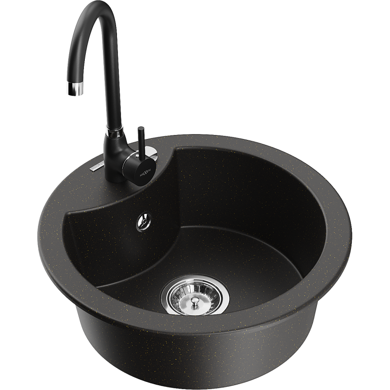 Mexen Diego granit diskho med 1 kammare och Telma köksblandare, svart/guld - 6512-75-670200-70