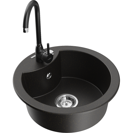 Mexen Diego fregadero de granito de 1 compartimento con grifo de cocina Telma, negro/dorado - 6512-75-670200-70