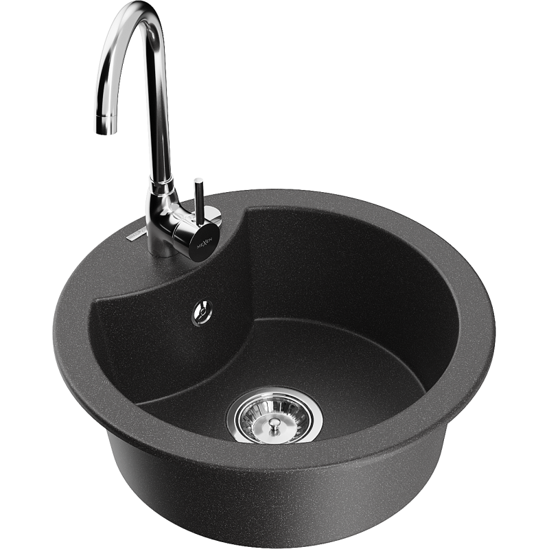 Mexen Diego 1-bowl granite sink with Telma kitchen tap, black speckled - 6512-76-670200-00