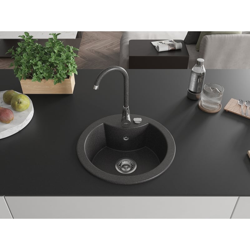 Mexen Diego granite sink 1-bowl with Telma kitchen faucet, black speckled - 6512-76-670200-76