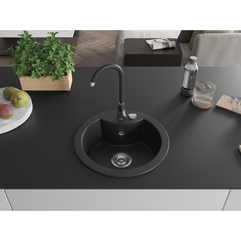 Mexen Diego 1-bowl granite sink with Telma kitchen faucet, black - 6512-77-670200-70