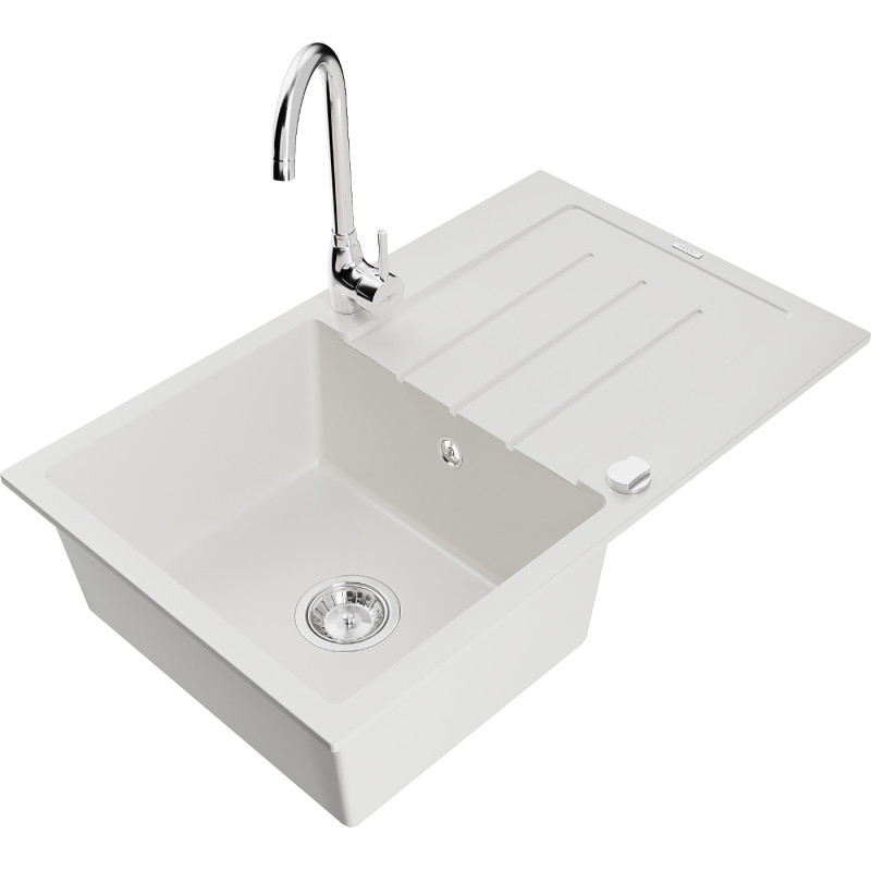 Mexen Bruno granite kitchen sink 1-bowl with drainer and Telma kitchen faucet, white - 6513-20-670200-00