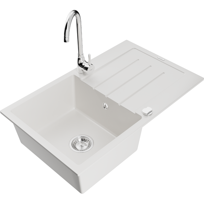 Mexen Bruno granitische spoelbak 1-baks met afdruiprek en keukenkraan Telma, wit - 6513-20-670200-00