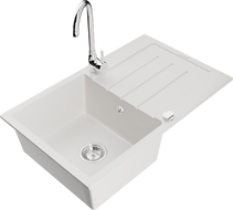 Mexen Bruno 1-komorinen graniittinen pesuallas valutusalueella ja keittiöhanalla Telma, valkoinen - 6513-20-670200-00