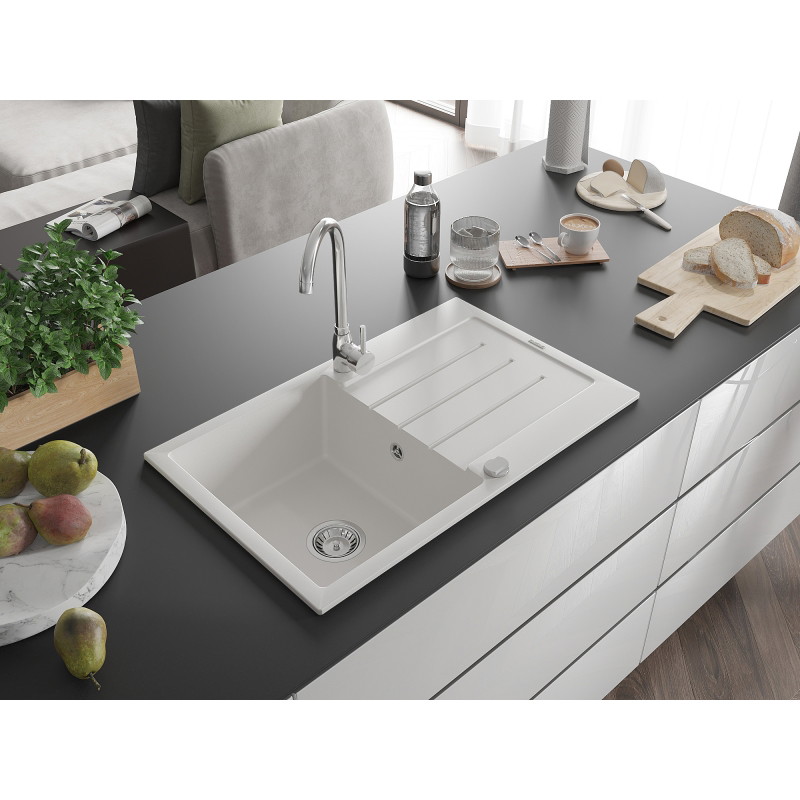 Mexen Bruno granite kitchen sink 1-bowl with drainer and Telma kitchen faucet, white - 6513-20-670200-00