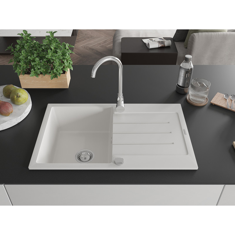 Mexen Bruno fregadero de granito de 1 cuenca con escurridor y grifo de cocina Telma, blanco - 6513-20-670200-00