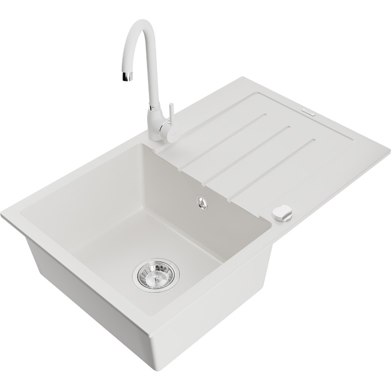 Mexen Bruno 1-bowl Granite Sink with Drainer and Telma Kitchen Faucet, White - 6513-20-670200-20