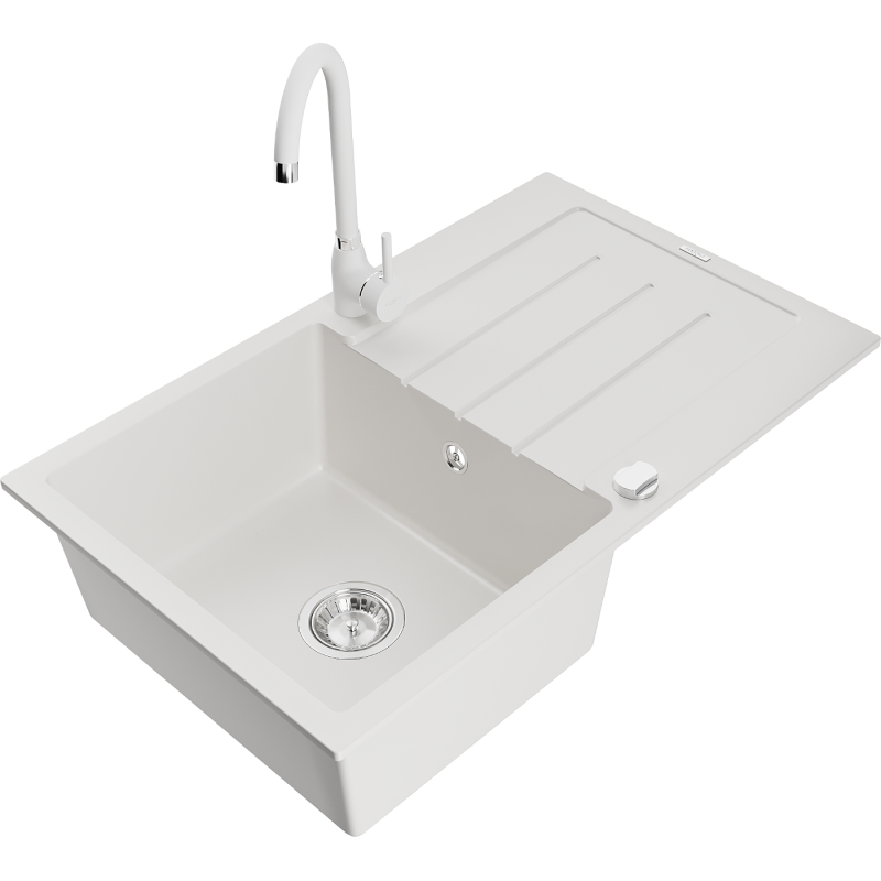 Mexen Bruno fregadero de granito de 1 seno con escurridor y grifo de cocina Telma, blanco - 6513-20-670200-20