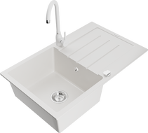Mexen Bruno granitni sudoper s 1 komorom, ocjednim prostorom i kuhinjskom slavinom Telma, bijeli - 6513-20-670200-20